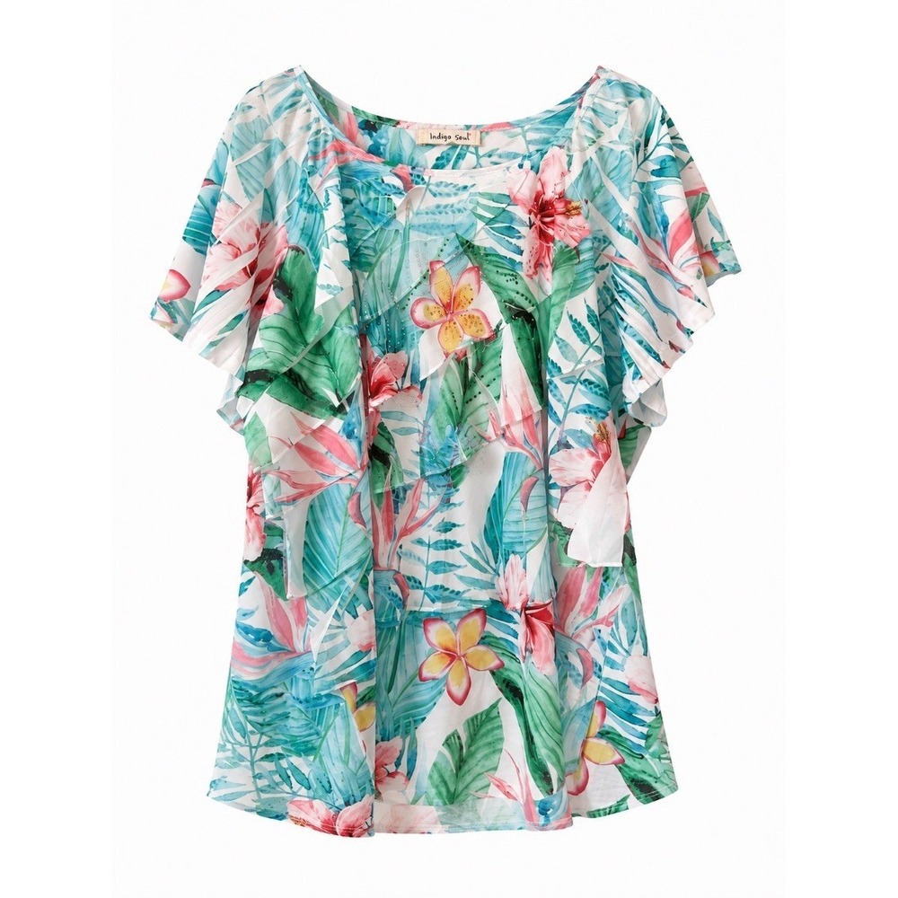 Indigo Soul Womens Plus 3XL Tropical Floral Flutter Sleeve Blouse Top Rhinestone
